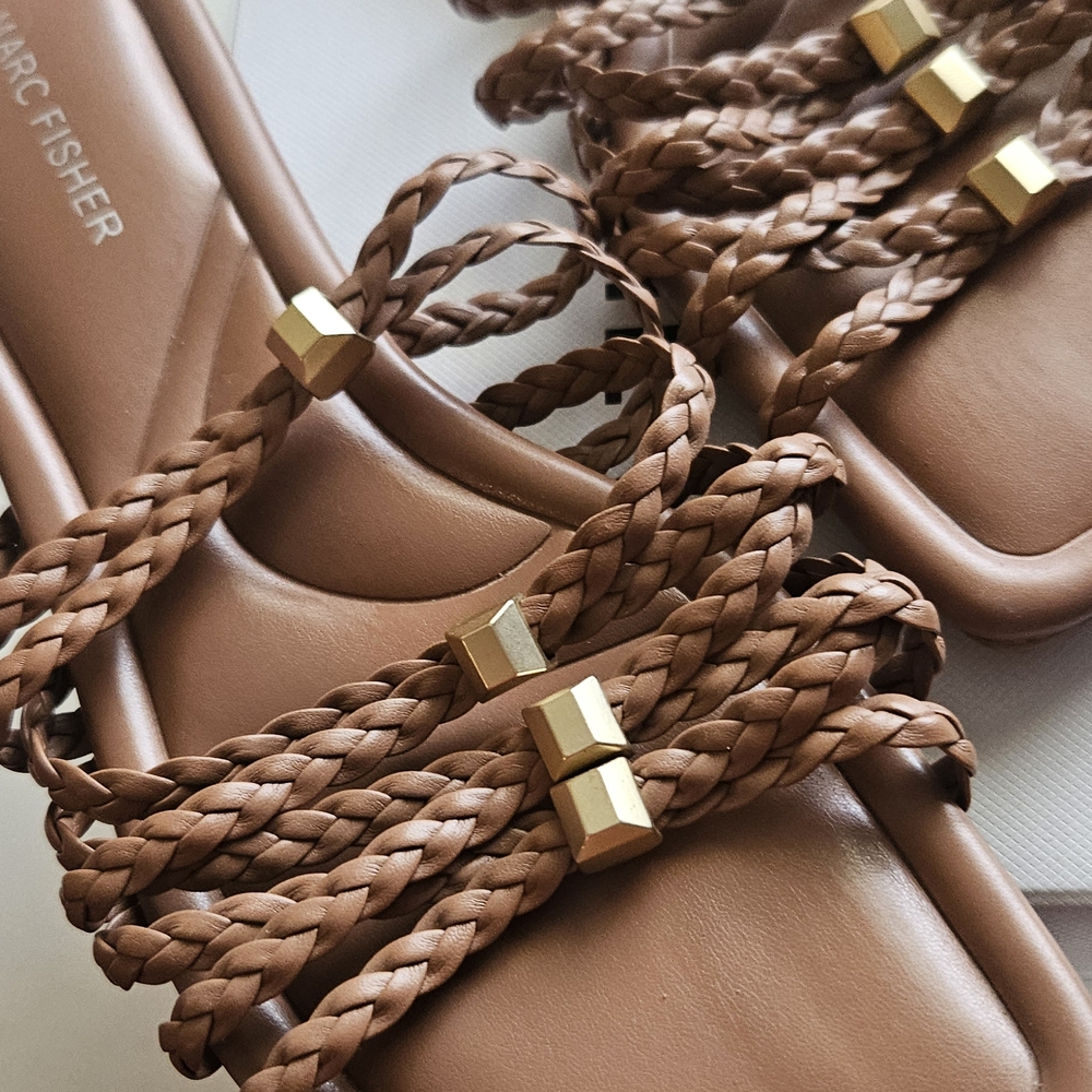 Marc Fisher Braided Tan Leather Sandals with Gold Accents